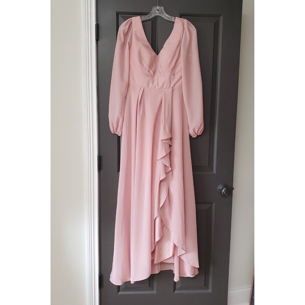 Pomuyoo Chiffon Wedding Dress Floor Length Dusty Rose Pink Long Sleeve Size 6